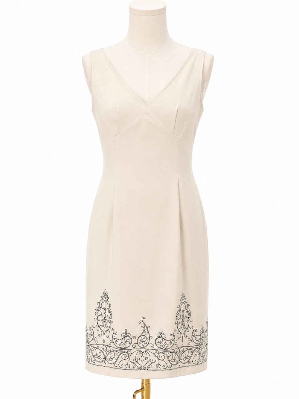 Vintage Express Cream Embroidered Sheath Midi Dress Size 5/6 Black Scroll Detail